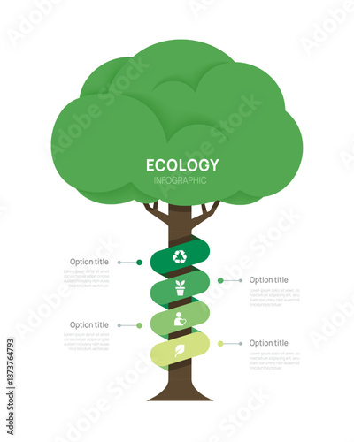 Green ecology tree infographic template with 4 steps. Abstract tree diagram with icons for renewable energy, recycling, and eco-friendly business strategy.