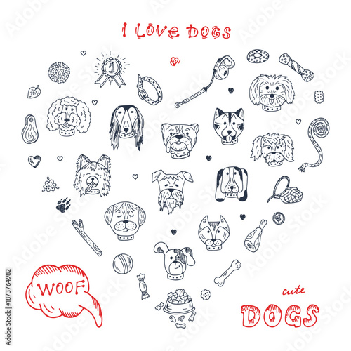 Dogs Vector Set in Heart shaped. Dogs faces icons. Hand Drawn Doodles Dogs and accessories for pets. 