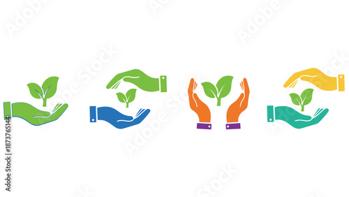 A colorful illustration of hands holding and nurturing small plants