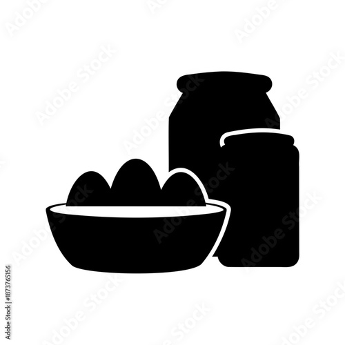 Black silhouette illustration of bowl of eggs next to two jars