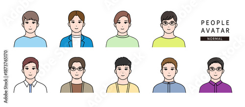 普通な表情・シンプルな上半身の若い男性のアバターアイコンイラスト素材セット