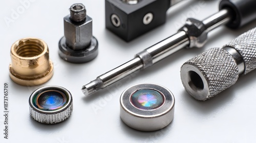 Close-up on sensor calibration tools used in modern engine repair, white background