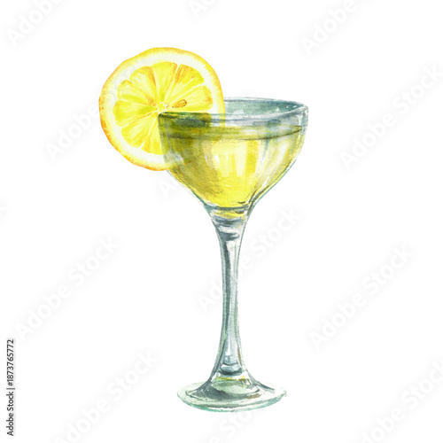 Wallpaper Mural Limoncello spritz cocktail in glass with slice of lemon. Watercolor hand drawn illustration. Summer Italian yellow Drink shot beverage, aperitif. Mediterranean beverage for menu, drink list. Isolated Torontodigital.ca