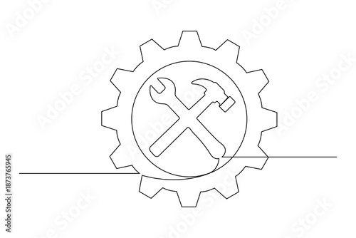 One line drawing of a crossed hammer and wrench inside a gear representing mechanical repair service