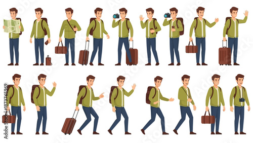 Dynamic collection of male traveler character illustrations in various poses, equipped with luggage, maps, and camera for adventure.