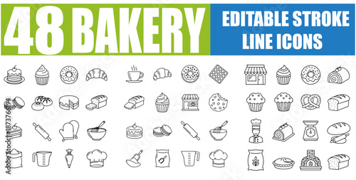 Bakery Icon Set - Bread, Pie, Cake, Donut, Croissant, Pancakes, Cupcake, Oven, Baking Tools, Cookies, Birthday Cake, Chocolate, Pastry, Dessert, Patisserie and More - Editable Line Icons, Vector Illus