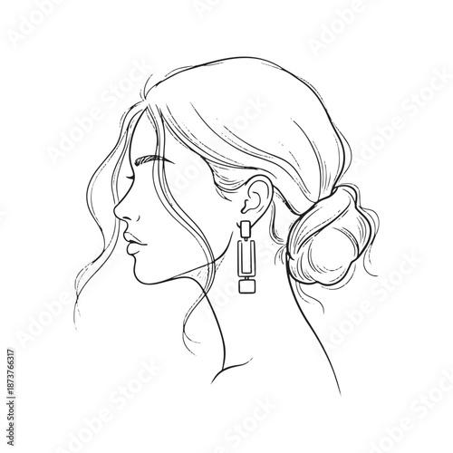 Elegant side profile sketch of woman with messy low bun hairstyle and earrings. Hand drawn fashion illustration of female head with beautiful updo hair. Black and white vector line art.
