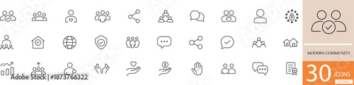 Flat line vector modern community icon set showing people, connection, and social interaction concepts in clean minimal style. Perfect for social, urban, and community-based design use