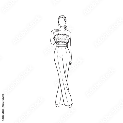 Fashion illustration sketch of woman wearing elegant strapless jumpsuit with feather bodice details. Vector line art of female model posing in trendy evening wear outfit.
