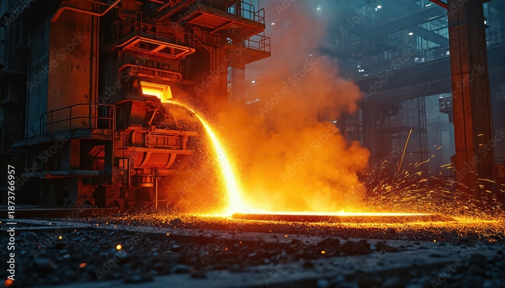 Fototapeta premium Molten steel pours from furnace in industrial plant. Sparks fly as glowing metal fills mold. Heavy machinery operates in large factory setting.