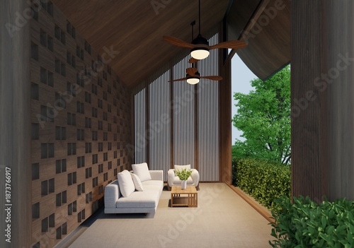 Konstfotografi A modern tropical semi-outdoor living area featuring a high sloped wooden ceiling and warm natural materials