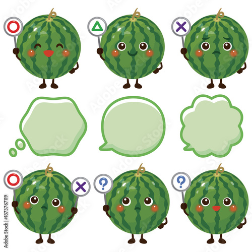 ○×△の札を持ったスイカのキャラクターイラスト／Cute Watermelon Character Illustration Holding O, X, and Triangle Signs