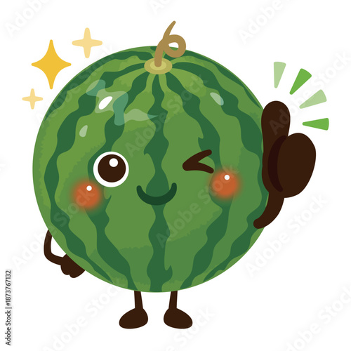 グッドサインを出すスイカのキャラクターイラスト／Cute Watermelon Character Illustration Giving a Thumbs-Up