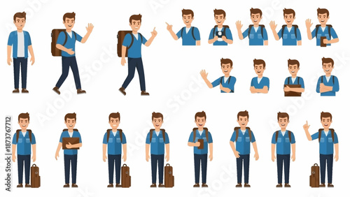 Set of flat vector illustrations of a cheerful young male traveler with a backpack, showing diverse poses for adventure journeys.