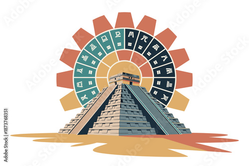 Vibrant Mayan pyramid with colorful calendar wheel