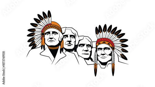 Illustration of Mount Rushmore with Native American headdresses