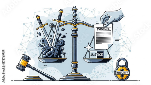 Scales of justice with swords and evidence document concept of legal battle and integrity vector illustration for law and order themes