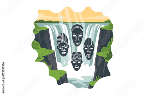 Vibrant African waterfall with tribal masks in stunning natural landscape