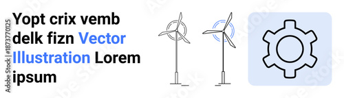 Two wind turbines paired with a gearwheel icon symbolize renewable energy, efficiency, and innovation. Ideal for sustainability, engineering, clean energy, green technology, automation
