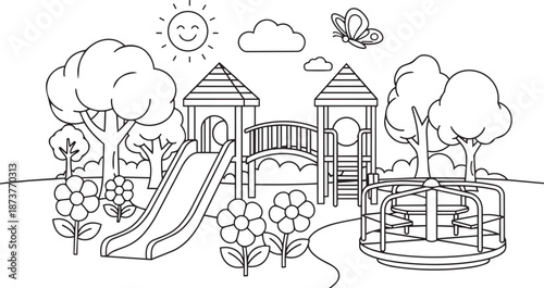 Black and white vector illustration of a playful children's playground scene with slide