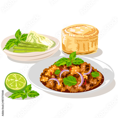 Thai Spicy Minced Pork Salad (Larb Moo) vector illustration isolated on white background