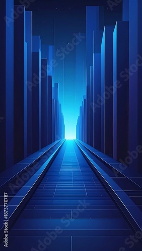 Geometric tunnel of blue buildings with vanishing point in bright light