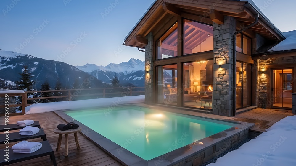 Fototapeta premium Luxury mountain chalet with outdoor heated swimming pool at dusk