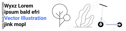 Nature, sustainability, urban transport, innovation, clean energy, minimalism. A line drawing shows a tree, abstract leaves and an electric scooter illustration. Sustainability and urban transport