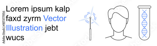 Renewable energy, technology, sustainable science, genetics, visual communication, education. Wind turbine, human outline DNA helix in a test tube. Renewable energy and sustainable science theme