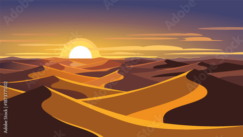 Desert landscape at sunset vector illustration with rolling dunes and warm sky