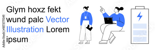 Business teamwork, productivity, technology, energy efficiency, modern work, innovation. Two people interacting with a clipboard and laptop near a battery icon. Teamwork and productivity concept