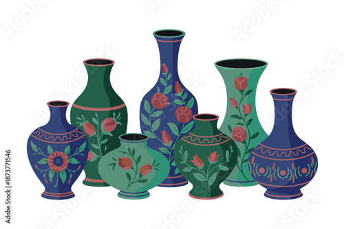 A collection of colorful vases with floral designs on a white background