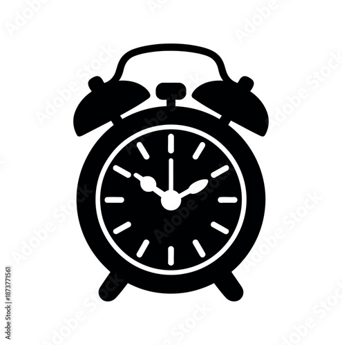 A black and white illustration of an alarm clock on a plain background