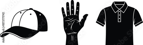 Black and White Silhouette Icons of Baseball Cap, Open Hand, and Polo Shirt for Fashion, Apparel, Clothing, and Design Concepts
