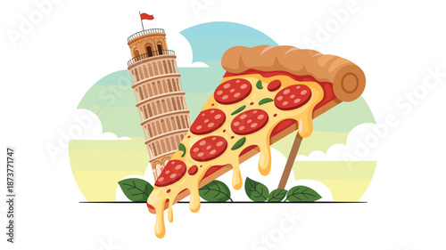 Delicious pepperoni pizza slice with melting cheese in front of Leaning Tower of Pisa