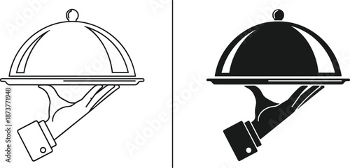 Formal Hand Holding Cloche in Outline and Silhouette Style for Restaurant, Catering, Hospitality, Service, Menu, Branding, and Logo Design