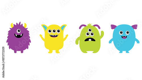 A group of colorful cartoon monsters with different expressions and features