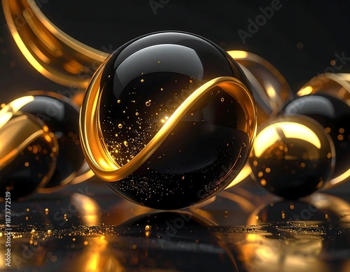 Glossy black spheres entwined with elegant gold ribbons and accents