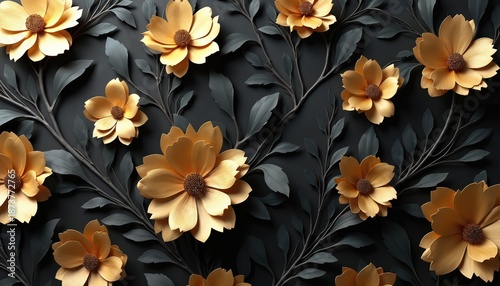 Golden yellow flowers with dark grey leaves on black background. Elegant floral pattern for luxury decor and wall art. Nature inspired, rich botanical design.