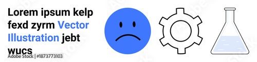 Blue sad face emotion, outlined cogwheel, and glass lab flask with liquid. Ideal for mental health, emotion, problem-solving, technology, engineering, science creativity simple landing page