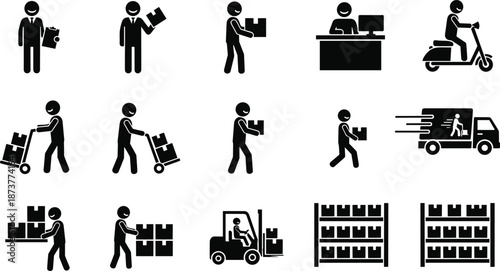 Logistics and delivery service silhouette collection, warehouse worker icons, shipping courier transportation set, forklift and truck storage elements, supply chain management vector illustration