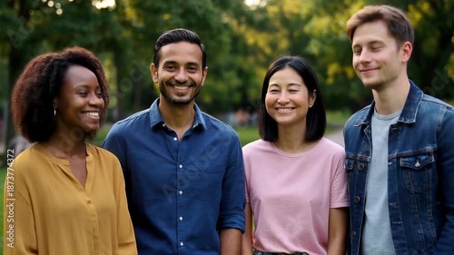 Diverse LGBTQ-Friendly Team in Casual Clothing Smiling Together in a Park