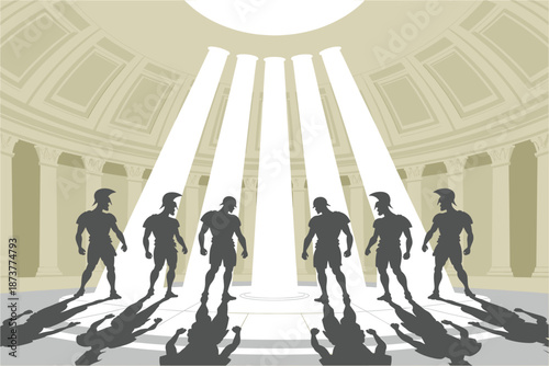 Ancient warriors standing in grand hall with sunlight