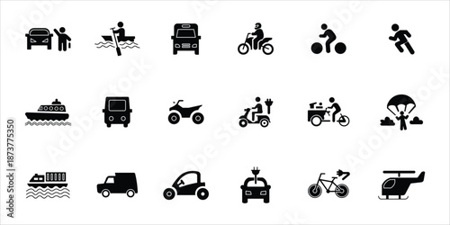 transportation icons set. helicopter, truck, bus, buggy, cargo bike, parachute and more. simple solid vector