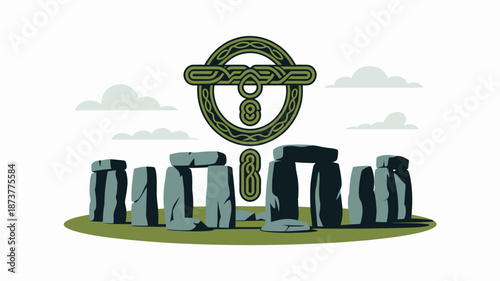 Celtic knotwork design above Stonehenge monument