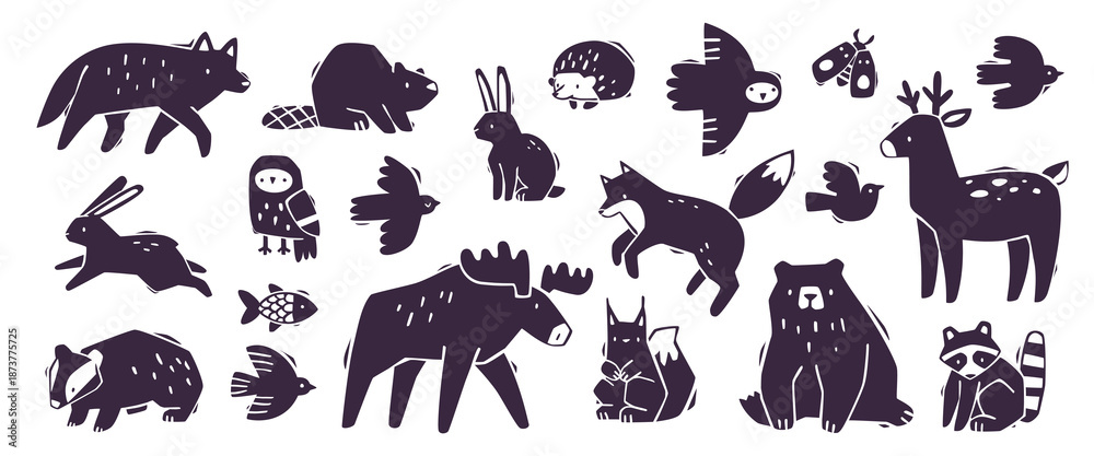Fototapeta premium Scandinavian animals stamp set. Doodle forest animals silhouette collection. Wild animals bundle.