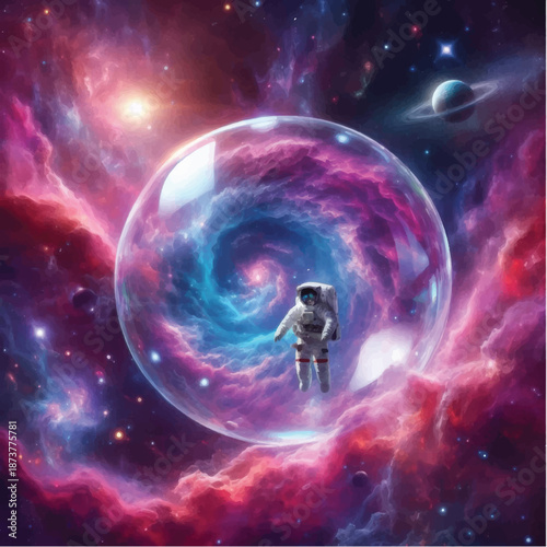 Astronaut floating inside a cosmic bubble.