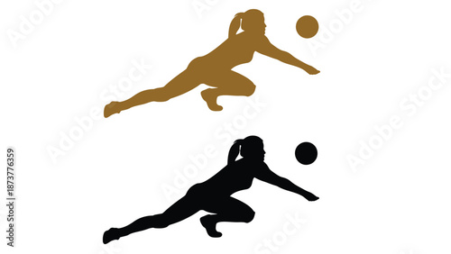 Two female volleyball players in dynamic poses on the court