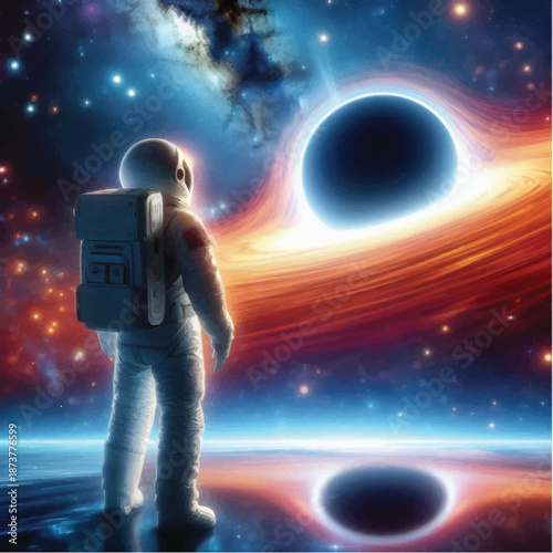 Astronaut standing in awe of cosmic phenomena.