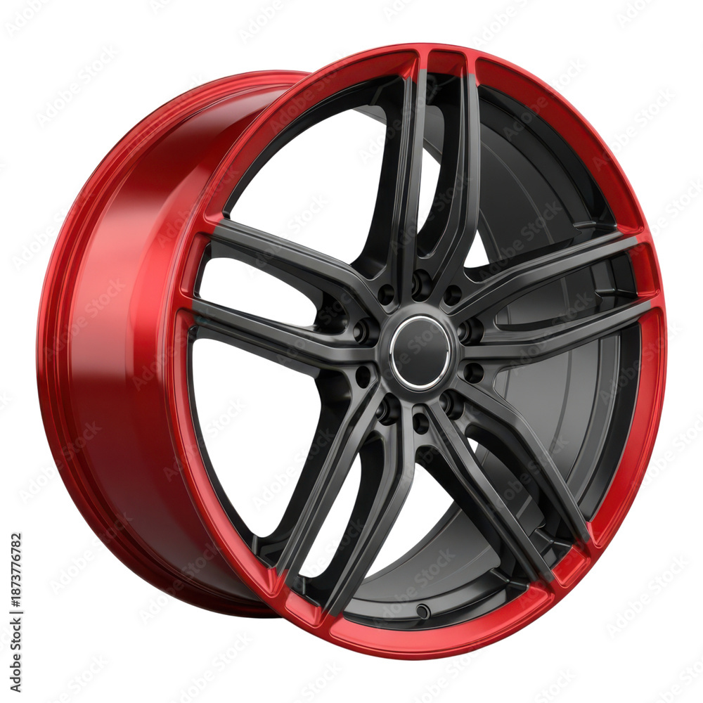 Obraz premium Red and black alloy car wheel isolated on transparent background